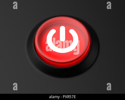3d rendered angled view of a glowing red power button on a black background. Stock Photo