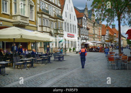 Historical city center and traditional houses of Hameln/Hamelin, Germany during sunny weather