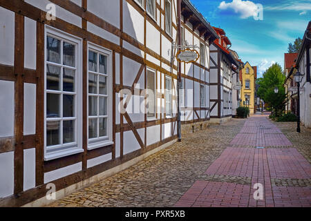 Historical city center and traditional houses of Hameln/Hamelin, Germany during sunny weather