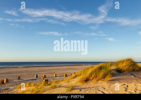 Beach and beach chairs on the East Frisian Island Juist in the North Sea, Germany, in evening light before sunset. Stock Photo