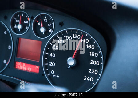 Driving at high speed, speedometer close-up Stock Photo