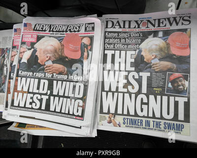 Headlines of New York newspapers on Friday, October 12, 2018 use similar wire service photographs to report on the previous day's meeting between President Donald Trump and celebrity Kanye West. (Â© Richard B. Levine) Stock Photo