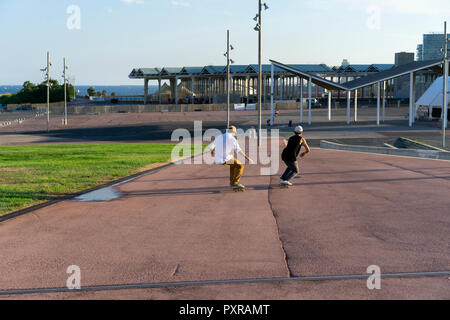 Two young men riding down a lane with skateboards Stock Photo