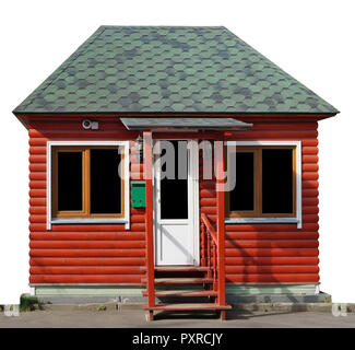 A fancy new rustic barn shed  made of red wooden logs. Isolated on white with patch Stock Photo