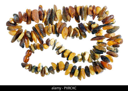 Homemade female beads are made of simple rough, golden color Baltic sea amber stones. Isolated on white macro shot Stock Photo