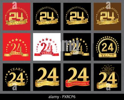 Set of number twenty-four (24 years) celebration design. Anniversary golden number template elements for your birthday party. Stock Vector