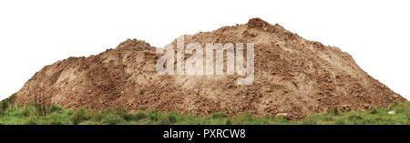 A large pile of construction sand  on forest grassy site. Isolated on white  panoramic collage from several outdoor shots Stock Photo
