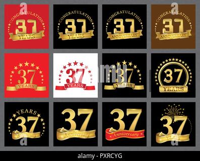 Set of number thirty-seven (37 years) celebration design. Anniversary golden number template elements for your birthday party. Stock Vector