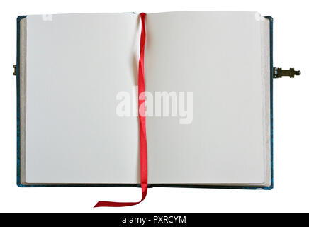 Open old retro book with blank pages,  blue cover and metal clasp. Isolated on white Stock Photo