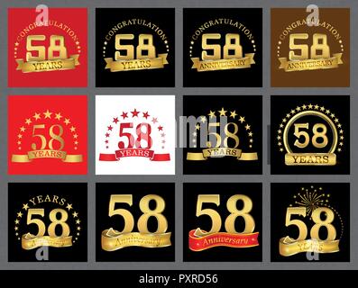 Set of number fifty-eight (58 years) celebration design. Anniversary golden number template elements for your birthday party. Stock Vector