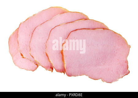Five thin homemade slices of pink smoked ham isolated. Studio macro food shot Stock Photo