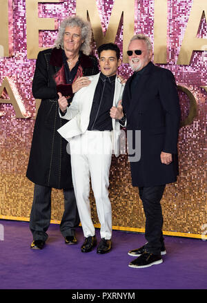 London, UK. 23rd October, 2018. Brian May, Rami Malek and Roger Taylor attend the World Premiere of 'Bohemian Rhapsody' at SSE Arena Wembley on October 23, 2018 in London, England Credit: Gary Mitchell, GMP Media/Alamy Live News Stock Photo