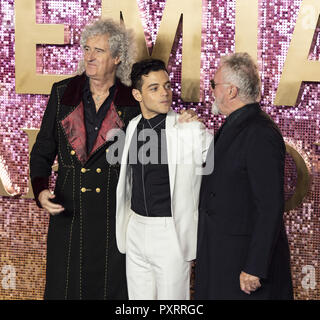 London, UK. 23rd Oct, 2018. Brian May, Rami Malek and Roger Taylor attend the World Premiere of 'Bohemian Rhapsody' at SSE Arena Wembley. Credit: Gary Mitchell/SOPA Images/ZUMA Wire/Alamy Live News Stock Photo