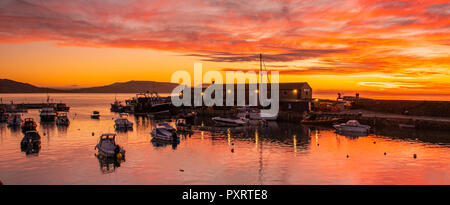Lyme Regis, Dorset, UK. 24th October 2018.  UK Weather:  The historic Cobb Harbour at Lyme Regis glows with vibrant autumn colour at sunrise at the start of a chilly day.  Credit: Celia McMahon/Alamy Live News Stock Photo