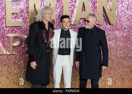 London, UK. 23rd October 2018. Rami Malek (C), Brian May (L) and Roger Taylor (R) of 'Queen' band attend the World Premiere of 'Bohemian Rhapsody' at the SSE Arena Wembley in London. Credit: Wiktor Szymanowicz/Alamy Live News Stock Photo