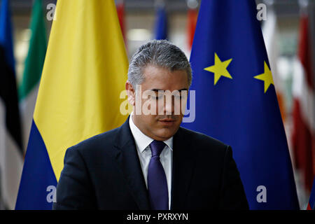 Brussels, Belgium. 24th October, 2018. Donald Tusk, the President of the European Council  welcomes the Colombian President Ivan Duque Marquez at European Council headquarters. Alexandros Michailidis/Alamy Live News Stock Photo