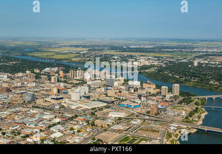 Aerial view of city of Saskatoon and South Saskatchewan River. Stock Photo