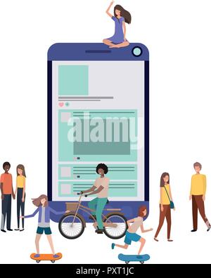 screen with people around smiling avatar character Stock Vector
