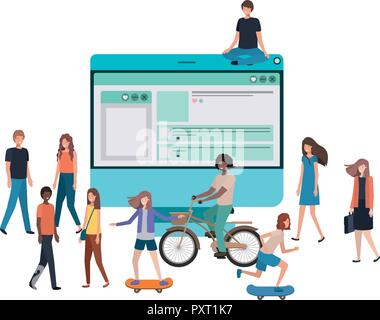 screen with people around smiling avatar character Stock Vector