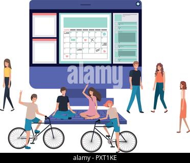screen with people around smiling avatar character Stock Vector