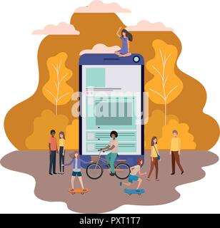 screen with people around smiling avatar character Stock Vector