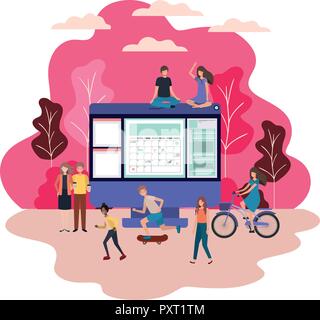 screen with people around smiling avatar character Stock Vector