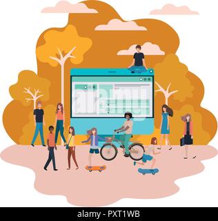 screen with people around smiling avatar character Stock Vector
