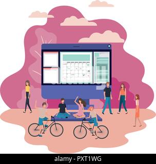 screen with people around smiling avatar character Stock Vector