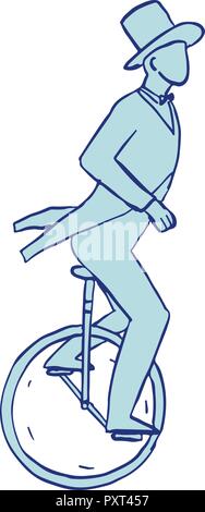 Drawing sketch style illustration of a circus performer riding a unicycle on isolated white background. Stock Vector