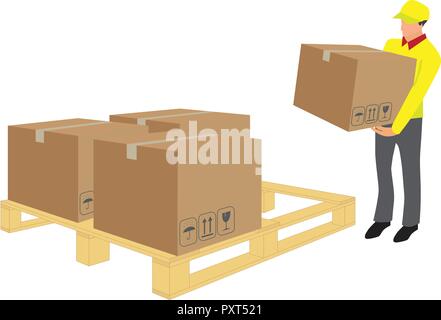 Vector of worker lifting box from wooden pallet in warehouse Stock Vector
