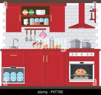 Kitchen set with furniture, utensils and appliances. Vector illustration on the theme of the interior. Stock Vector