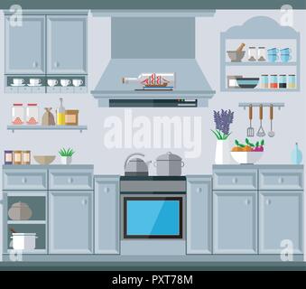 A cozy kitchen in the style of Provence with a lot of cabinets, dishes and kitchen utensils. Vector illustration, kitchen set. Stock Vector