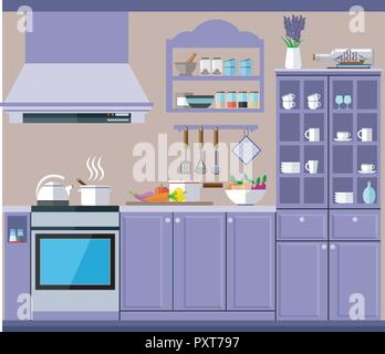 A cozy kitchen in the style of Provence with a lot of cabinets, dishes and kitchen utensils. Vector illustration, kitchen set. Stock Vector