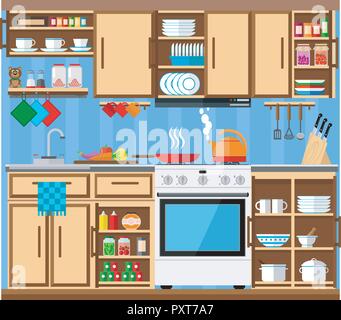 Kitchen with a set of furniture. The cozy interior of the room with a stove, wardrobe and utensils. Flat style vector illustration. Stock Vector