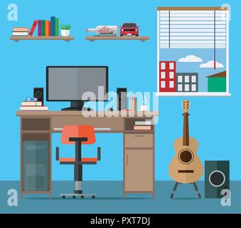 A teen room with a computer, a desk, a guitar and furniture. Vector illustration, set. Stock Vector