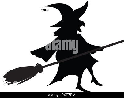 Black silhouette of witch in hat and costume flying on broomstick isolated on white background. Halloween celebration vector illustration, icon, retro Stock Vector