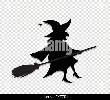 Black silhouette of witch in hat and costume flying on broomstick isolated on transparent background. Halloween celebration vector illustration, icon, Stock Vector