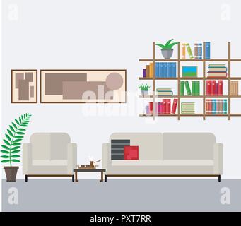 Living room in a modern style and bright colors. Vector illustration set of home furniture, bookshelves and houseplants. Stock Vector