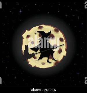 Black silhouette of old scary witch on broom with cat flying on night sky background with full yellow moon and sparkling stars. Halloween vector carto Stock Vector