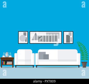The interior of the living room in a minimalist style. Vector illustration, set of furniture. Stock Vector