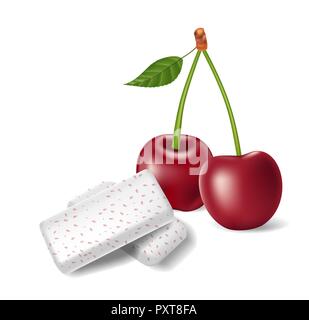 Chewing gum with red cherry isolated. Bubble gums for healthy teeth and fresh breathing. template design for dental hygiene. Vector 3d illustration Stock Vector