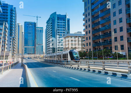Dubai city tram on modern railway. United Arab Emirates Stock Photo