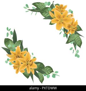 Vector floral bouquet design: set of tenderyellow lily flowers, buds. Vector watercolor style forest greenery, herbs, eucalyptus,. Wedding vector for  Stock Vector