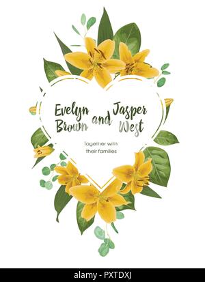 Valentine greeting card, invite card. Vector watercolor style herbs, eucalyptus, yellow lilly, waxflower natural, botanical green, decorative heart. T Stock Vector
