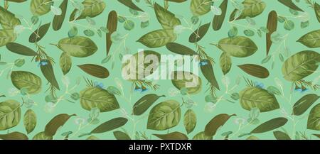 Seamless pattern, background, texture print with light watercolor hand drawn green color,eucalyptus, lily leaves, plants. Tender, elegant textile fabr Stock Vector