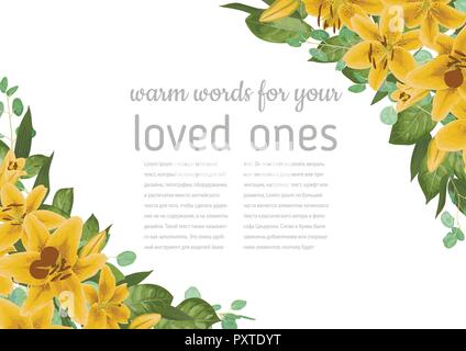 Vector floral invitation, invite model. Watercolor style herbs, eucalyptus, yellow delicate lilly bouquets, botanical green. Elegant beauty cute greet Stock Vector