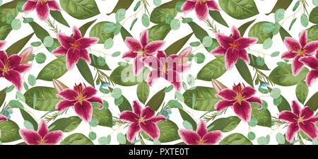 Seamless pattern, background, texture print with light watercolor hand drawn green color,eucalyptus, burgundy lily, plants. Tender, elegant textile fa Stock Vector