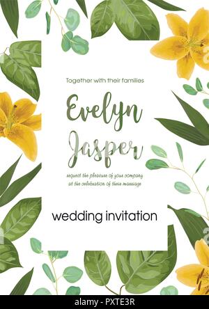 Vector card floral design with green watercolor, herbs, leaves eucalyptus,  yellow lily, botanical green, decorative frame, vertical rectangle. Cute g Stock Vector