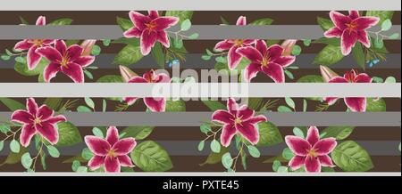 Seamless pattern, background, texture print with light watercolor hand drawn green color,eucalyptus, burgundy lily, plants. Template with stripes, lin Stock Vector