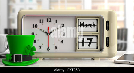 Saint Patrick's day, March 17 on old retro vintage alarm clock and American flag on office desk. Blurry background. 3d illustration. Stock Photo